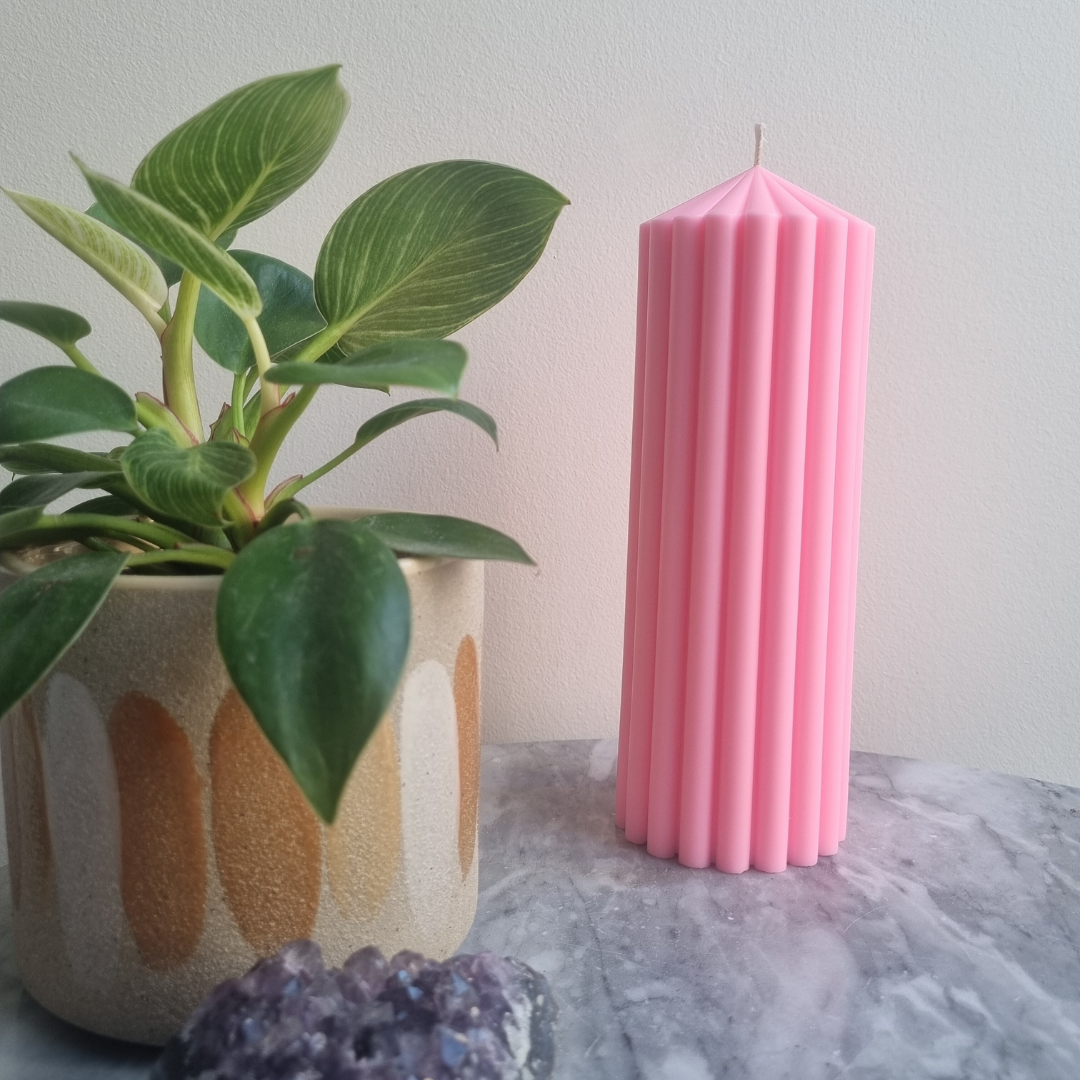 Medium Pink Ribbed Pillar Candle